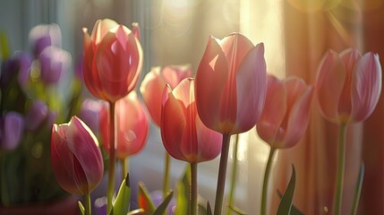 Basked in the sunlight the tulips embody a floral spring inspired concept perfect for holidays and...
