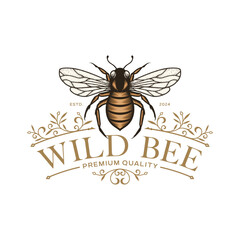 Hand Drawn Honey Bee with Flowers Logo Vector Illustration
