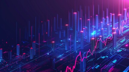 isometric background of blue and purple stock market candlestick chart with glowing digital skyscrapers in the style of vector illustration, flat design, dark blue gradient background, minimalistic
