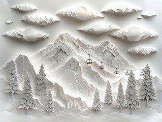 Develop a detailed paper cut design of a cable car ascending a misty mountain, surrounded by pine trees and rugged terrain