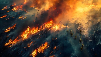 Aerial view of firefighters battling large forest fires rescuing wildlife in danger. Concept Wildfire heroes, Aerial rescue missions, Forest wildlife, Firefighting efforts, Courage and compassion