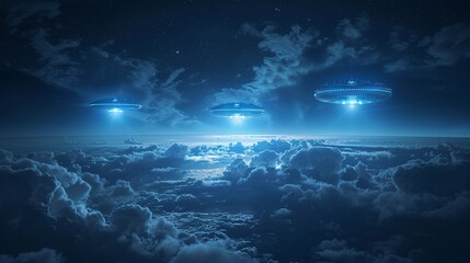A dramatic sky with three UFOs shining blue lights above the clouds, creating an epic and mysterious scene. The background is dark