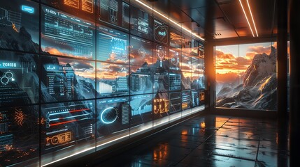 A futuristic office where walls are interactive screens displaying virtual landscapes or project data, promoting an immersive work environment