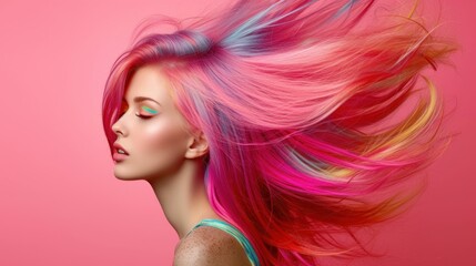 Fototapeta premium Beauty Fashion Model Portrait pink hair color. Bob Short Haircut. Fringe Hairstyle. Hairdressing. Beautiful Glamour Girl with Short blonde hair