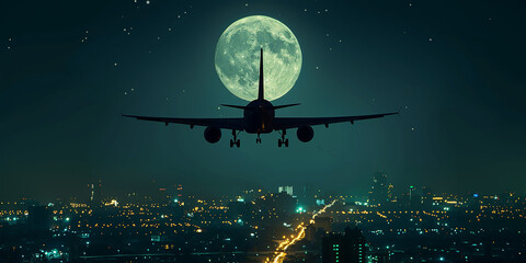 Silhouette airplane flying against full moon in night sky over city on the background-generated AI 