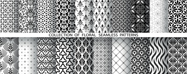 Geometric floral set of seamless patterns. White and black vector backgrounds. Damask graphic ornaments. - 792954558