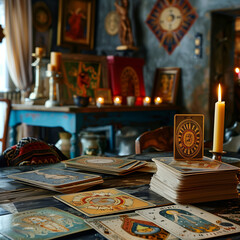 vintage vintage style deck of tarot cards. magical predictions of the future, mysterious characters.	AI generated