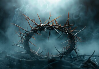 Inverting the crown of thorns symbolizes Jesus' suffering, death, and resurrection during Passion Week, conveying trials and triumphs. - obrazy, fototapety, plakaty