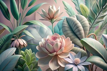 Illustration of flowers and plants in pastel colors. Generative AI