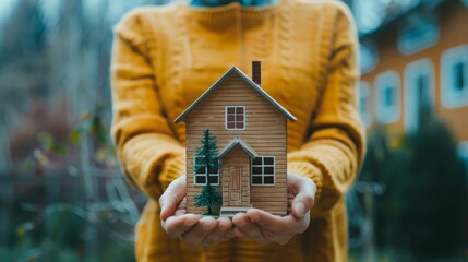 A person holding a model house in hand, symbolizing the goal of homeownership and working towards it step by step.