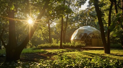 The sun peeks through the leaves casting dappled light onto the serene geodesic dome where peace and rest await. 2d flat cartoon. - obrazy, fototapety, plakaty