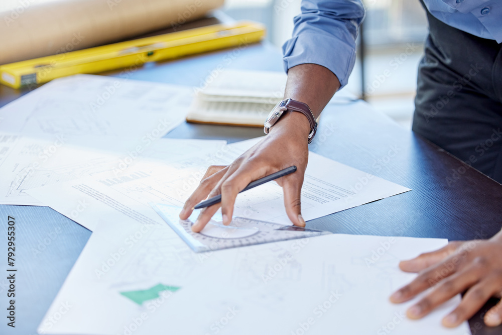 Aufkleber Hands, man and drawing on blueprint in office with pencil for planning a building design, layout and project as architect. Table, construction and engineering person with idea for renovations