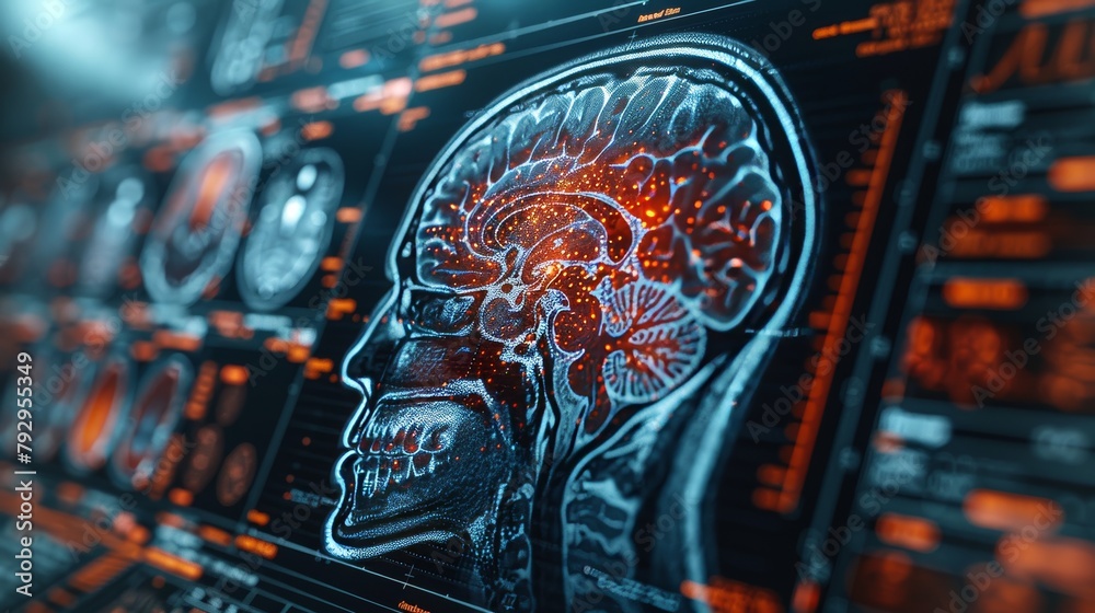 Aufkleber graphic of mri scan interface, analysis of brain with medical health care technology element