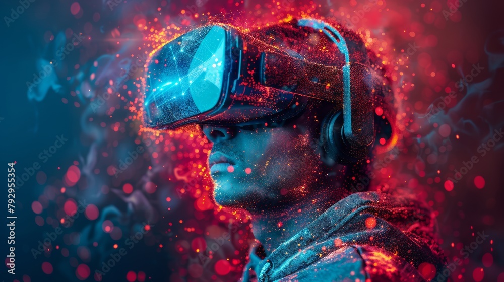 Poster an illustration of a man wearing a virtual reality headset in polygon style illustrates the technica