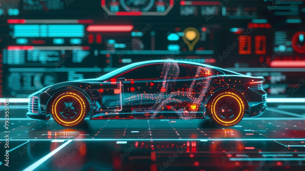 Poster A 3D holographic interface for a car service. Realistic car in 3D space. Information about the car. Holographic digital interface for a website or a video game. Holographic interface for a car