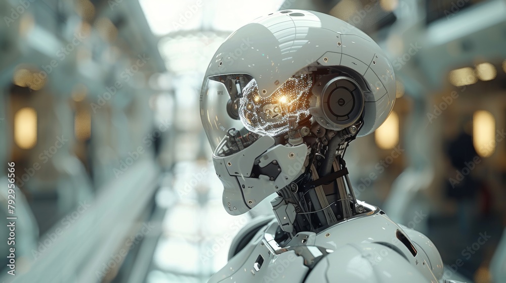 Poster An artificial intelligence concept, showing a robot with a hologram brain