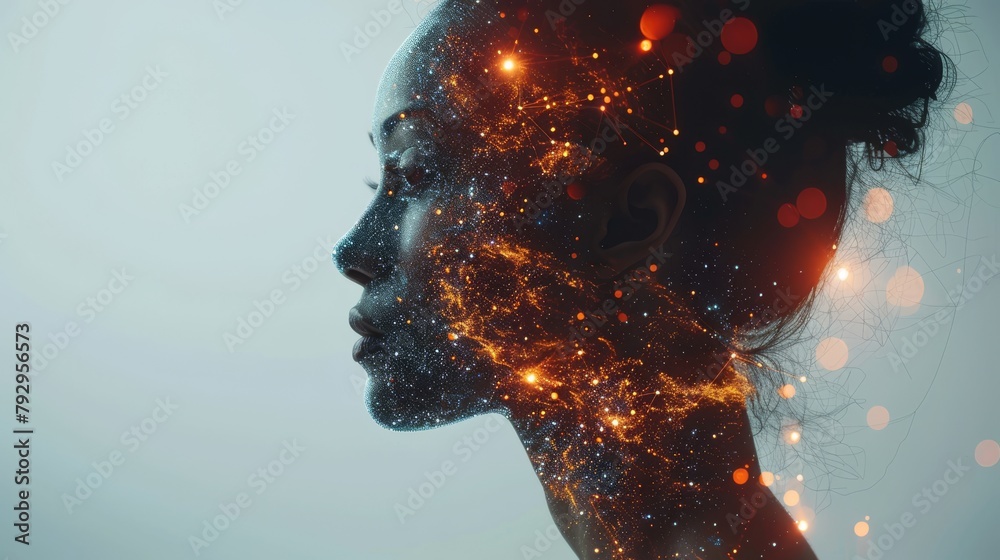 Poster A futuristic concept of digital transformation or artificial intelligence (AI), a digital man with a futuristic element in the foreground of the image