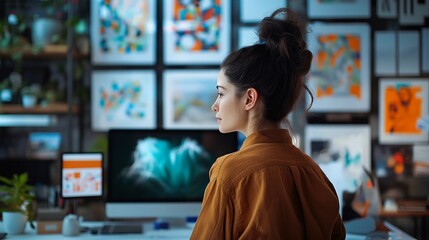 A woman is standing in front of a computer monitor and a wall full of pictures. She is wearing a brown jacket and has her hair in a bun. The room modern and artistic vibe. Generative ai illustration.