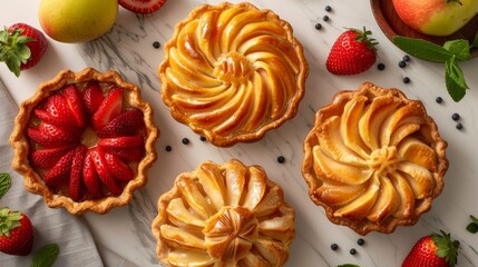 Tasty homemade tartlets with fresh strawberries and peaches, top view - obrazy, fototapety, plakaty
