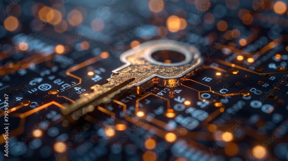 Poster In cyber security technology, private key is represented by a graphic of a lock pad with binary code and an electronic key