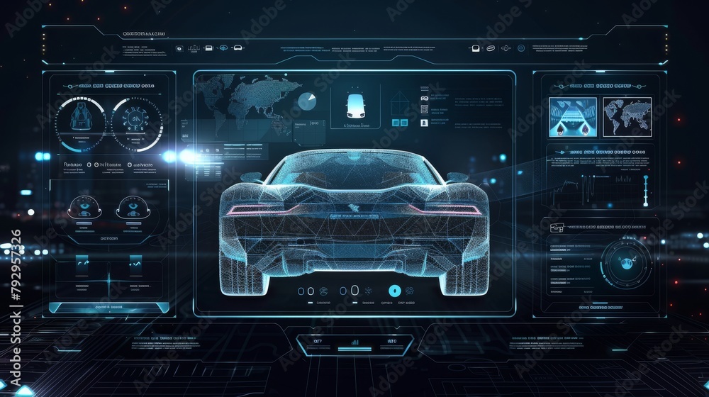 Aufkleber A HUD, GUI, or UI in the style of a virtual graphical interface shows vehicle parameters and characteristics. An accurate three-dimensional model of a realistic car.