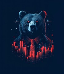 Corporate bear in neon lights with financial graphs