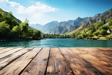 Empty brown wooden floor or table blur background mountain river, lagoon, lake, sky. Covered with morning mist. Abstract Texture. Landscape from nature, creativity Realistic clipart template pattern.	