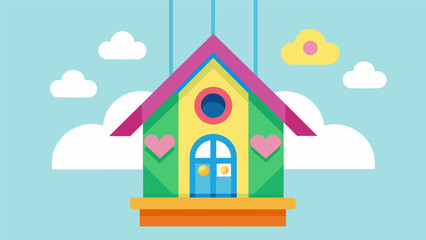 A brightly colored birdhouse complete with intricate window and door details hangs in a childs bedroom. It was the first DIY project that they