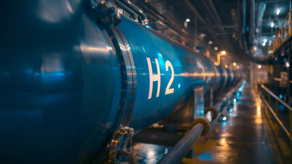 H2 Wasserstoff Pipeline in Blau, ai generativ - obrazy, fototapety, plakaty