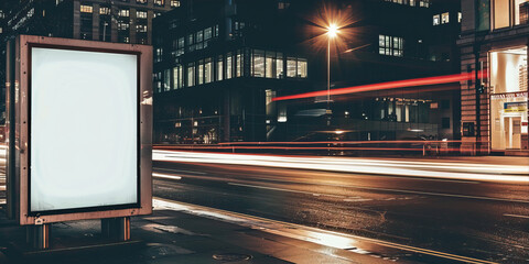 Empty, white billboard on a dark street
