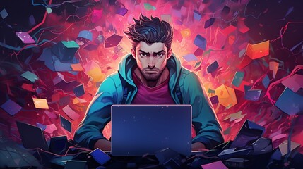 Tech frustration stress burnout and information overload; too much and too many mental health problems of living in the modern world, colorful illustration style.