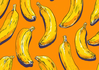 Ripe bananas on orange background with 'bananas' written Fresh and Vibrant Tropical Fruit Display