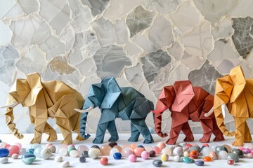 Colorful origami elephants with marbles on textured background