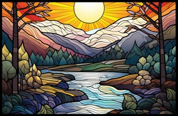 Stained Glass Style Cartoon Illustration of Sunlit Autumn Landscape for Children's Storybooks