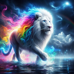 Unreal lion in a fantastic and fantasy environment with the colors of the rainbow. Digital art
