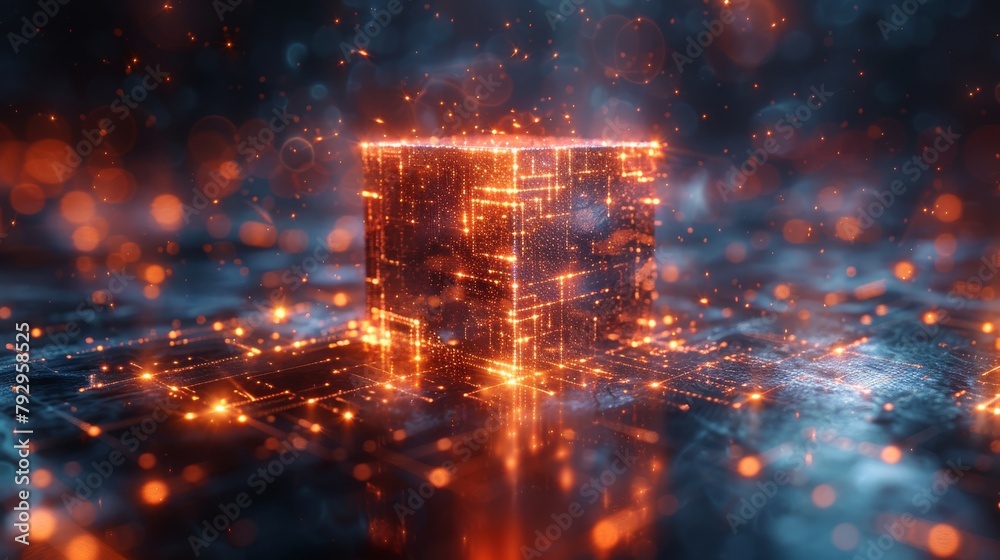 Poster data center or big data concept, graphic of a futuristic cube incorporating digital technology