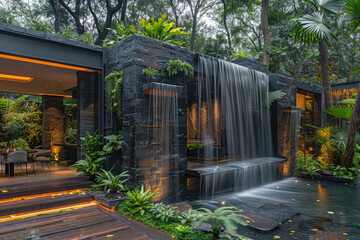 An elaborate water feature wall with a cascading waterfall made of black stone and rusted metal. Created with Ai