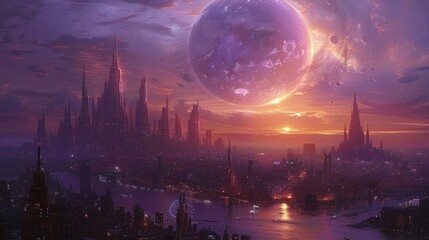 Future city graphics with outer space and purple planets in the background