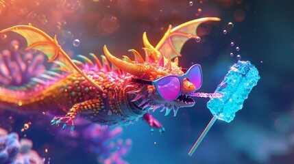Intriguing sea dragon sporting shades, enjoying an ice lolly, soaring in 3D sky. Unleash your imagination,neon lights