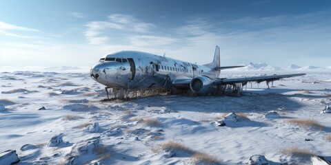 The aftermath of a snowstorm reveals the wreckage of a plane, a solemn scene marked by the forces of nature and the fragility of flight.