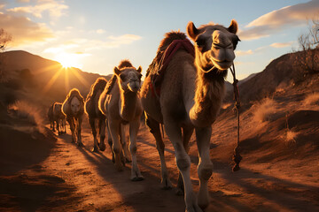 Brown camels walking in line in desert during the sunset time gold. Mountains and yellow evening...