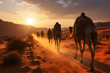 Brown camels walking in line in desert during the sunset time gold. Mountains and yellow evening sky in the background. Camelidae are highly tolerant animals. It can live in remote places.	 - obrazy, fototapety, plakaty