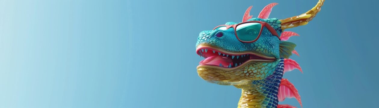 Curious sea dragon adorned with sunglasses enjoying an ice lolly  in the sky 3d style,  Copy space for text