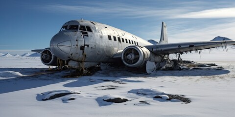 The aftermath of a snowstorm reveals the wreckage of a plane, a solemn scene marked by the forces of nature and the fragility of flight.