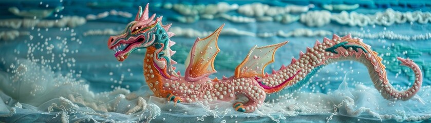 A beautiful and majestic pink, blue, and yellow dragon emerges from the crashing waves of the ocean.