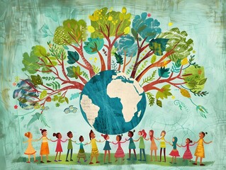 Multicultural Group Uniting Around a Flourishing Globe: A Visual Expression of World Peace and