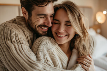Happy adult couple hug with love and tenderness in indoor bedroom leisure activity. Couple enjoy travel in hotel room. Man and woman smiling and enjoying time together at home. Good relationship time - obrazy, fototapety, plakaty