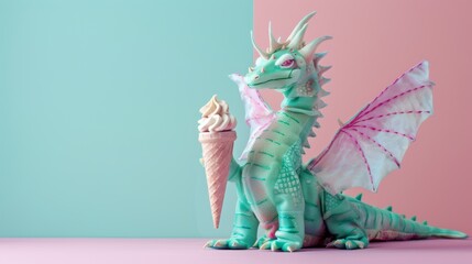 A cute pastel dragon holding an ice cream cone