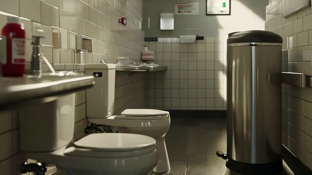 A bathroom with two toilets and a trash can