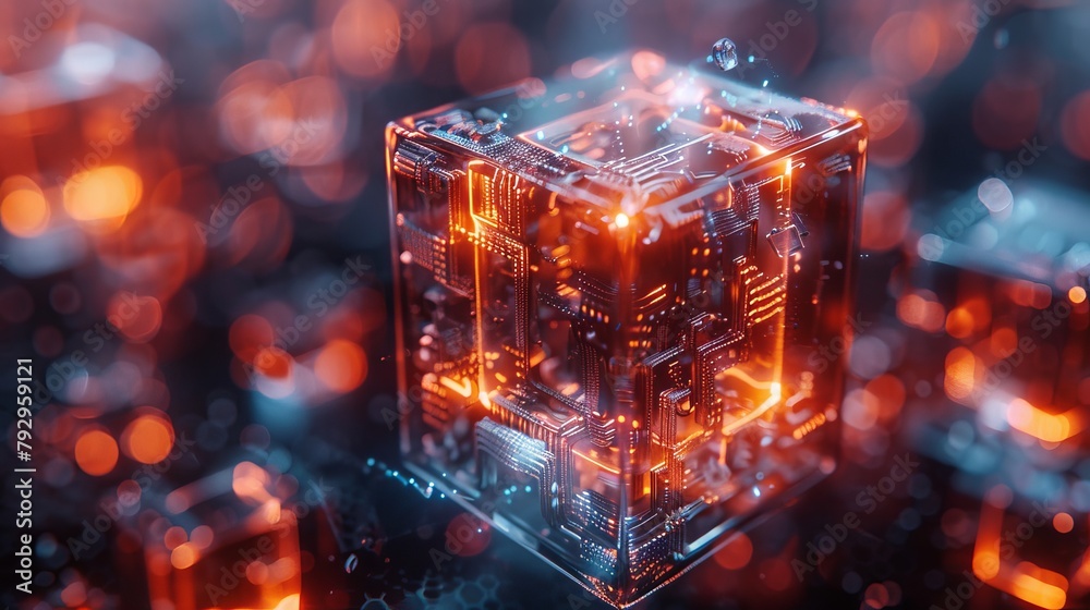 Poster An image of a futuristic cube surrounded by a computer server representing blockchain technology or a data center